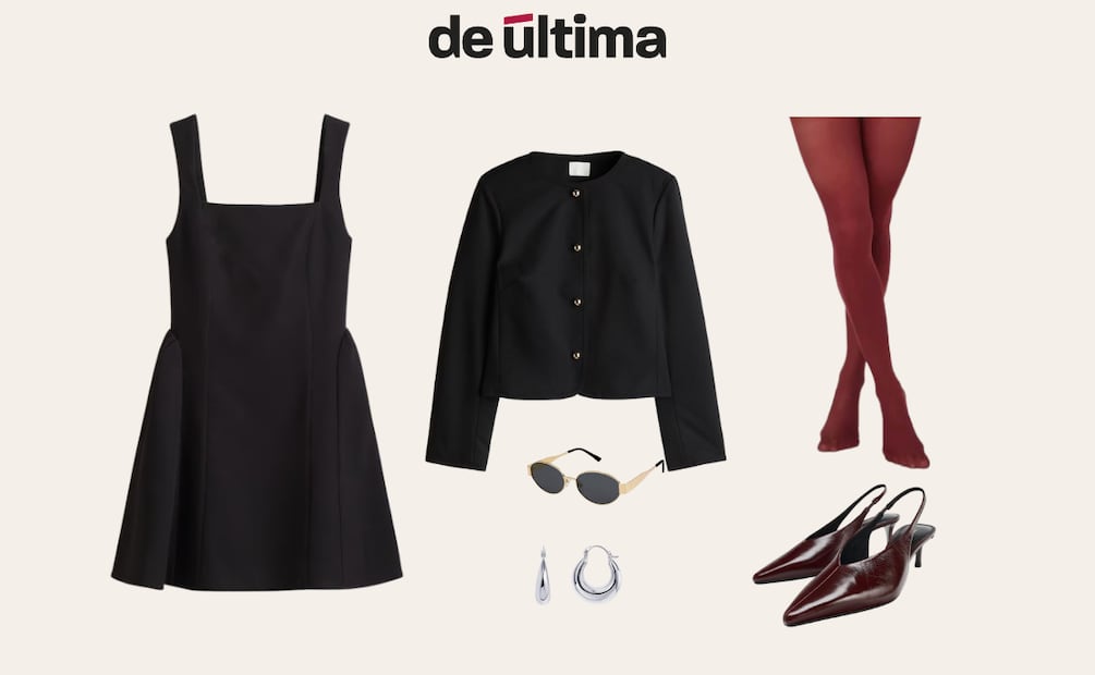 Vestido negro y medias de color: un truco fácil para verte festiva sin esfuerzo. Foto: Stradivarius, H&M, Zara