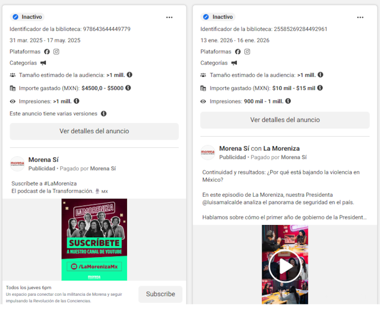 La Biblioteca de Anuncios de Meta registra varios montos para difundir el pódcast que suman más de 293 mil pesos. Foto: Captura de Pantalla.
