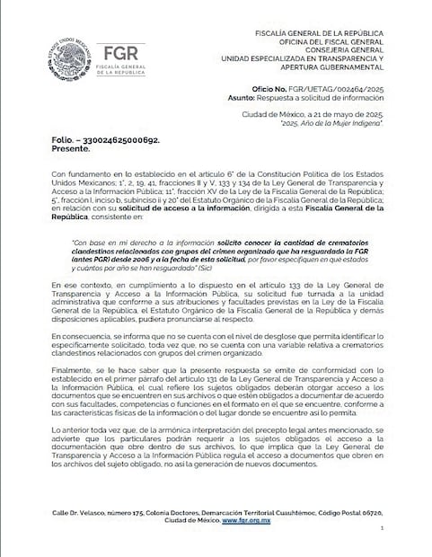 La FGR indicó que sus carpetas de investigación se clasifican por delito, no por variables como los de “crematorios clandestinos”.