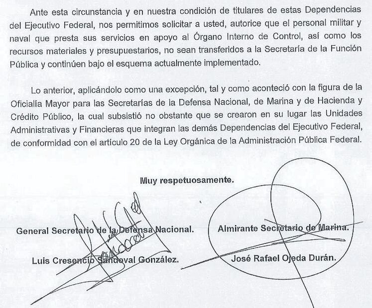Fuerzas Armadas solicitaron que personal militar y naval que apoya al OIC, recursos materiales y presupuestarios, no se transfieran a la Secretaría de la Función Pública