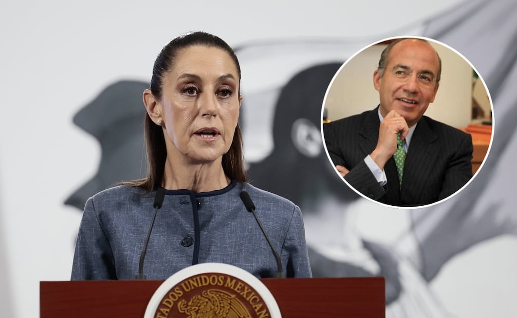 La presidenta Claudia Sheinbaum en Palacio Nacional el 9 de junio de 2025. En el círculo: Felipe Calderón, expresidente de México. Fotos: EFE y EL UNIVERSAL
