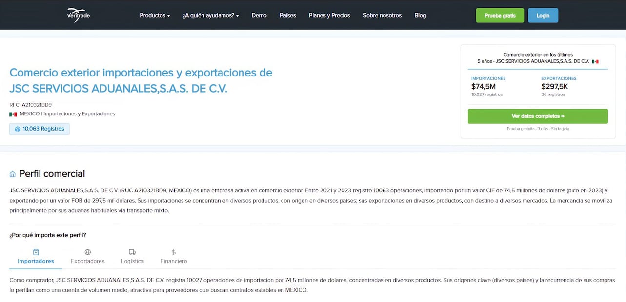 Durante 5 años, JSC Servicios Aduanales registró importaciones por 74.5 mdd. Foto: captura de pantalla. EL UNIVERSAL.