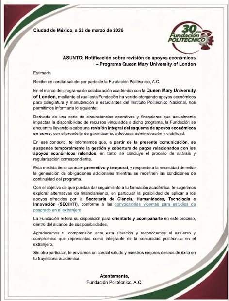 Anuncio de la suspensión "preventiva y temporal" de becas por Fundación Politécnico A.C. Foto: Cortesía Estudiantes PhD México