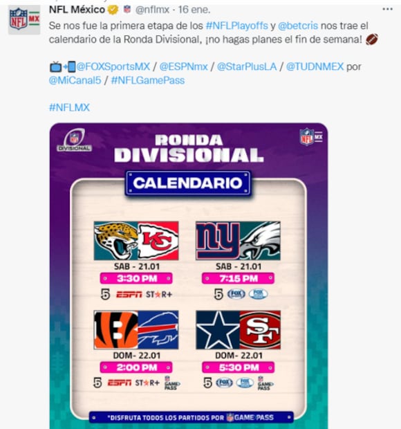 NFL: ¿Cuándo y dónde ver los juegos de la ronda divisional?