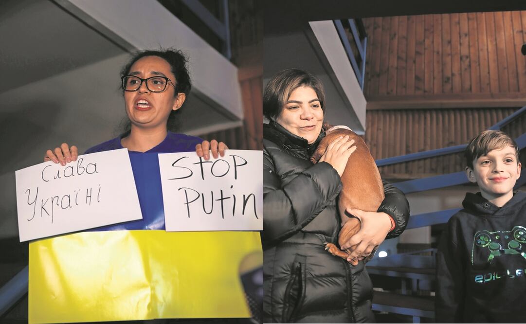 Ivette Rossano, de Chihuahua, con su perra Ramona y su pequeño hijo Leonid Naumov, ayer en el distrito de Suceava, Rumania. Foto: VALENTE ROSAS. EL UNIVERSAL