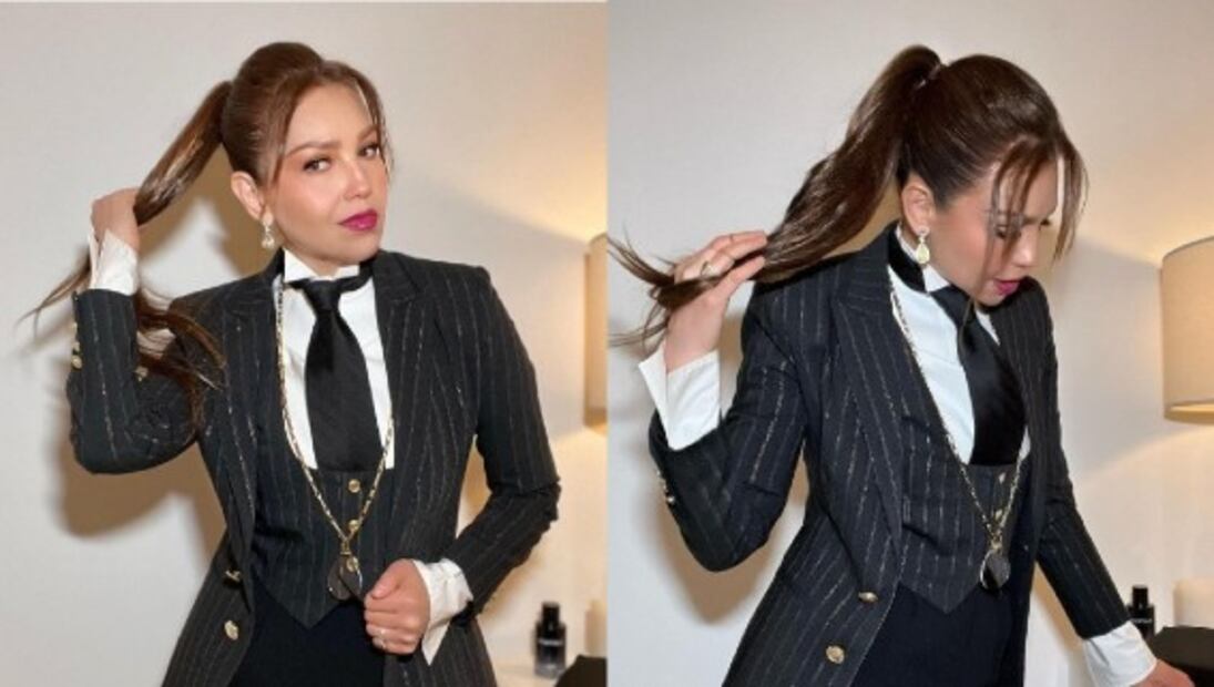 Thalía viste traje con corbata y enciende Instagram con su look