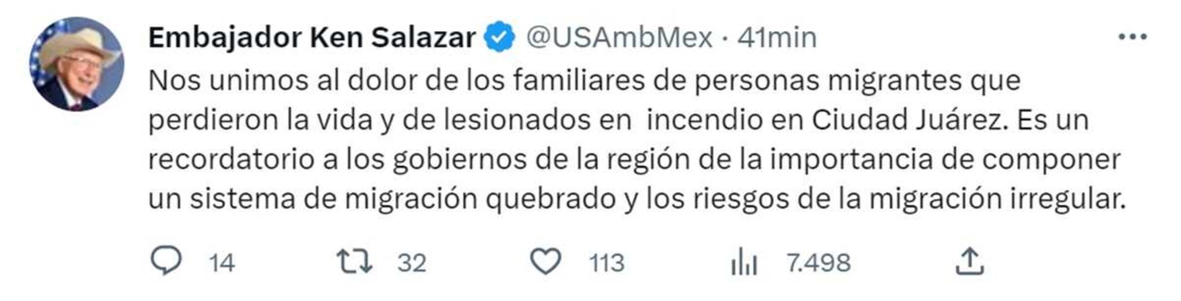 Tuit de Ken Salazar por muerte de 39 migrantes en albergue del INM. Foto: captura de pantalla