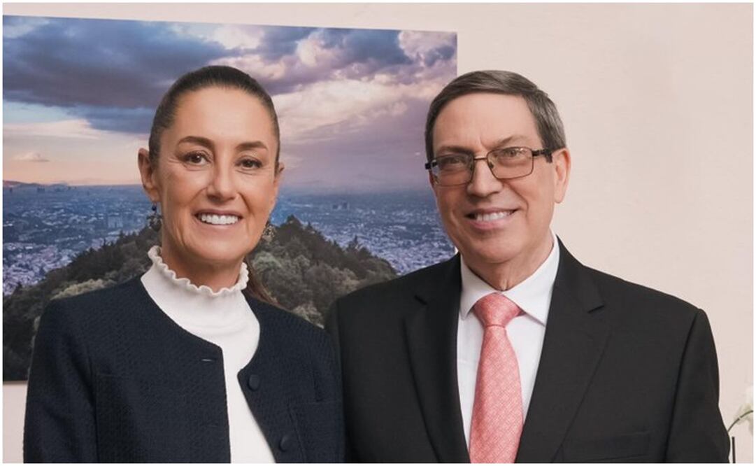 Claudia Sheinbaum junto a Eduardo Rodríguez Parrilla, ministro de Relaciones Exteriores de Cuba. Foto: Tomada de X