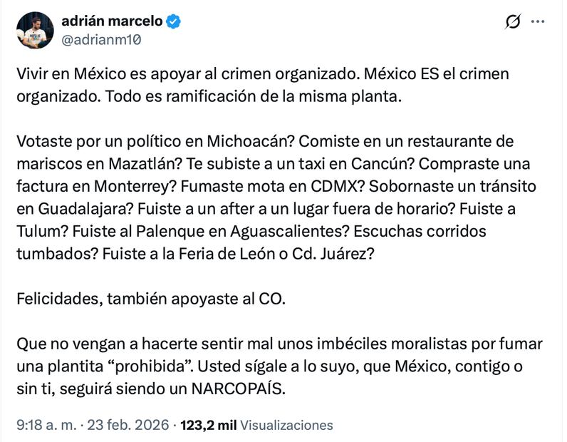 Tunden a Adrián Marcelo por burlarse de la muerte de “El Mencho”. Foto: Captura de pantalla