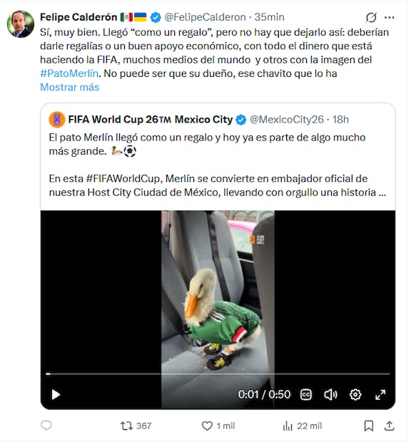 Expresidente Felipe Calderón lanza dardo a la FIFA por nombrar embajador oficial al pato Merlín (20/06/2026). Foto: Captura de pantalla