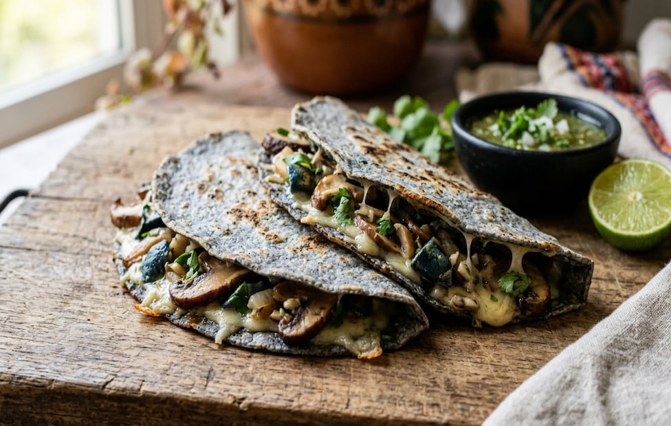 Quesadillas de comal preparadas con maíz azul, hongo azul (Lactarius indigo) salteado con epazote y queso Oaxaca fundido. Foto: Generada con IA.