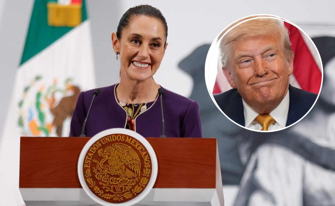 La presidenta Claudia Sheinbaum durante la mañanera de este 31 de julio del 2025 y el presidente de EU, Donald Trump. Fotos: Diego Simón / EL UNIVERSAL y AP