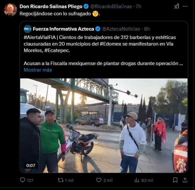 Salinas Pliego lanza dardo a “gobiernícolas” tras denuncia de barberos en Operativo Atarraya. Foto: Captura de pantalla