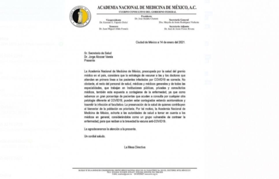 Academia Nacional de Medicina pide vacunar a todos los médicos del sector público y privado contra Covid-19