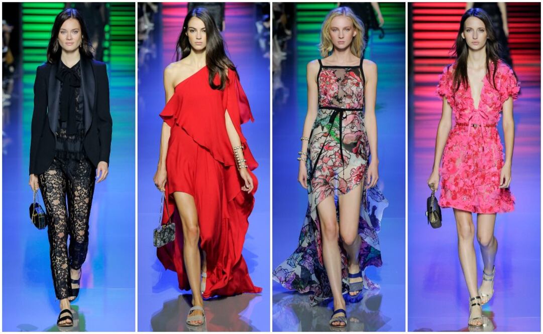 Las modelos de Elie Saab lucieron vestidos asimétricos con movimiento, transparencias y relieve de flores, así como conjuntos de encaje y sandalias planas. 