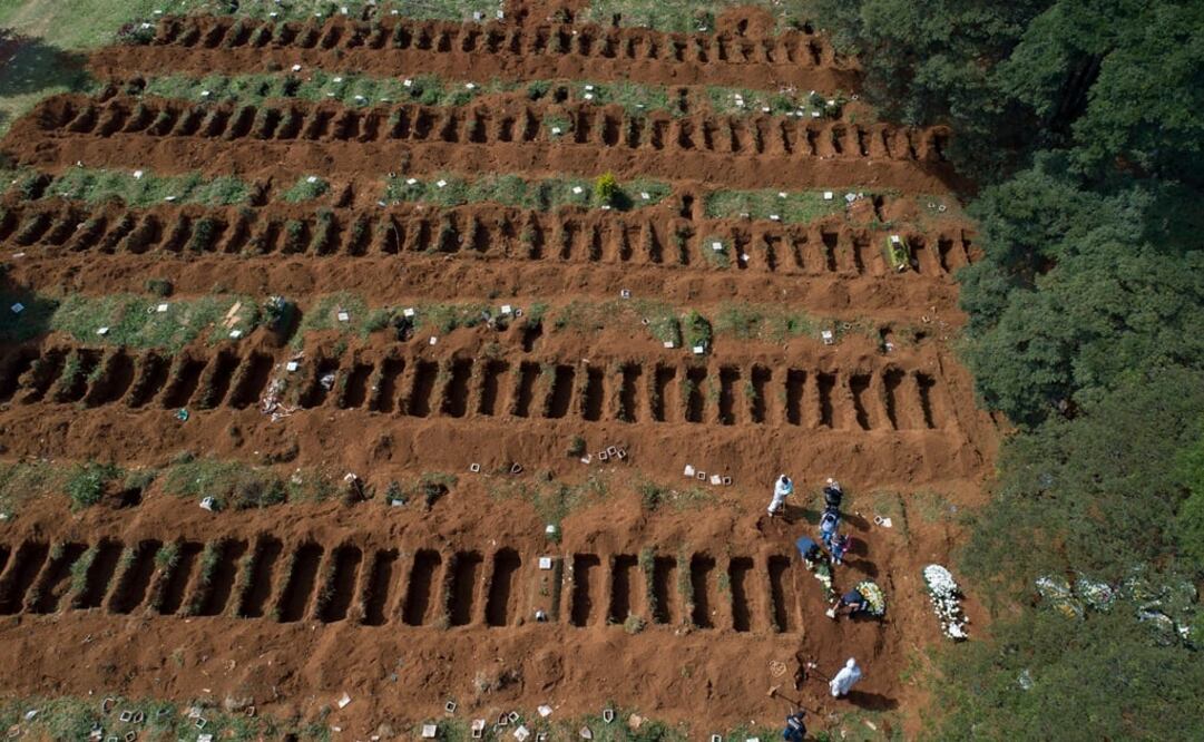 Cemetery workers in protective gear bury a person alongside rows of freshly dug graves at the Vila Formosa cemetery in Sao Paulo, Brazil - Photo: Andre Penner/AP