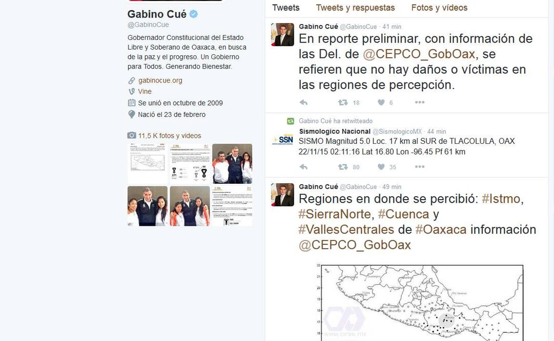 Por medio de su cuenta de twitter, el gobernador Gabino Cué informó que no hay daños ni víctimas en las regiones afectadas (TOMADA DE TWITTER @GabinoCue)