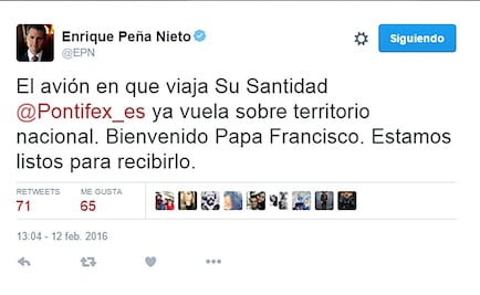 Avión papal ya vuela sobre territorio mexicano: EPN