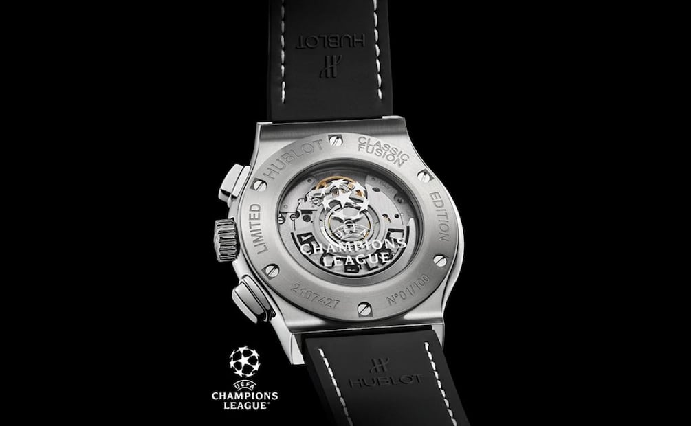 Fondo de zafiro del Hublot Classic Fusion Chronograph UEFA Champions League Titanium. Foto: Cortesía
