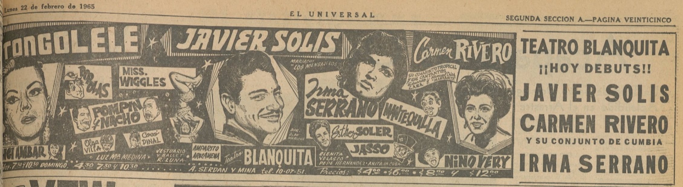 Anuncio del debut de Javier Solís en el Teatro Blanquita. 
Hemeroteca EL UNIVERSAL.