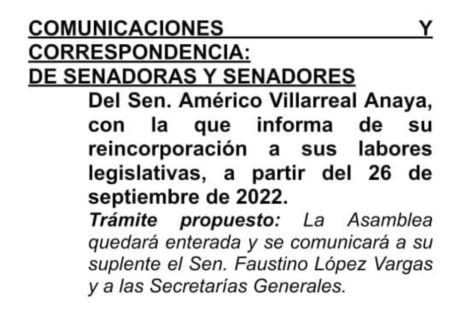 Américo Villarreal informa al Senado su reincorporación a sus labores legislativas