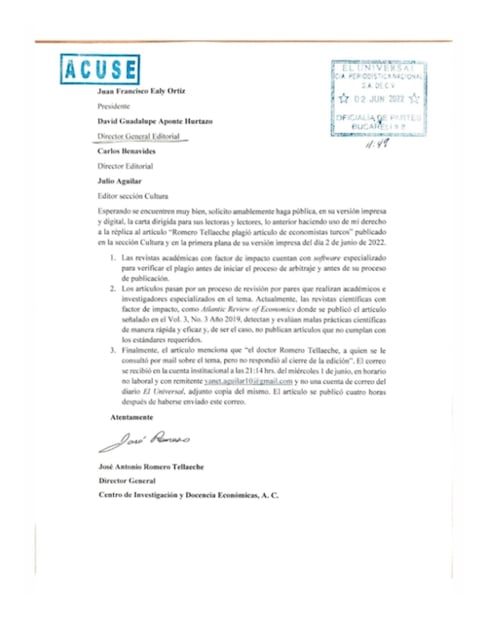 Romero Tellaeche responde sobre plagio: las revistas académicas cuentan con software para verificar