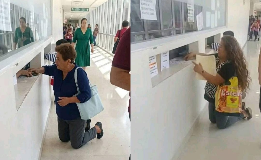 Captan a pacientes del IMSS arrodillados frente a una ventanilla para recibir informes. Foto: Captura de video