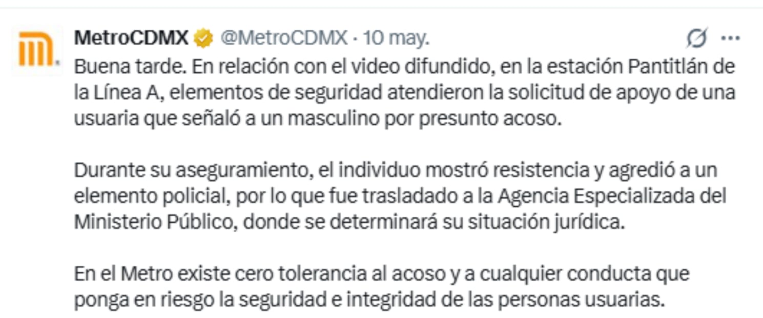 Metro CDMX se pronuncia respecto a un usaurio que agredió a un policía. Foto: Captura de pantalla.