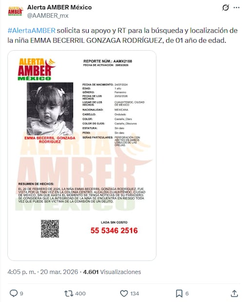 La Fiscalía de Nuevo León activó la Alerta AMBER para localizar a la menor Emma Gonzaga. Foto: Captura de pantalla