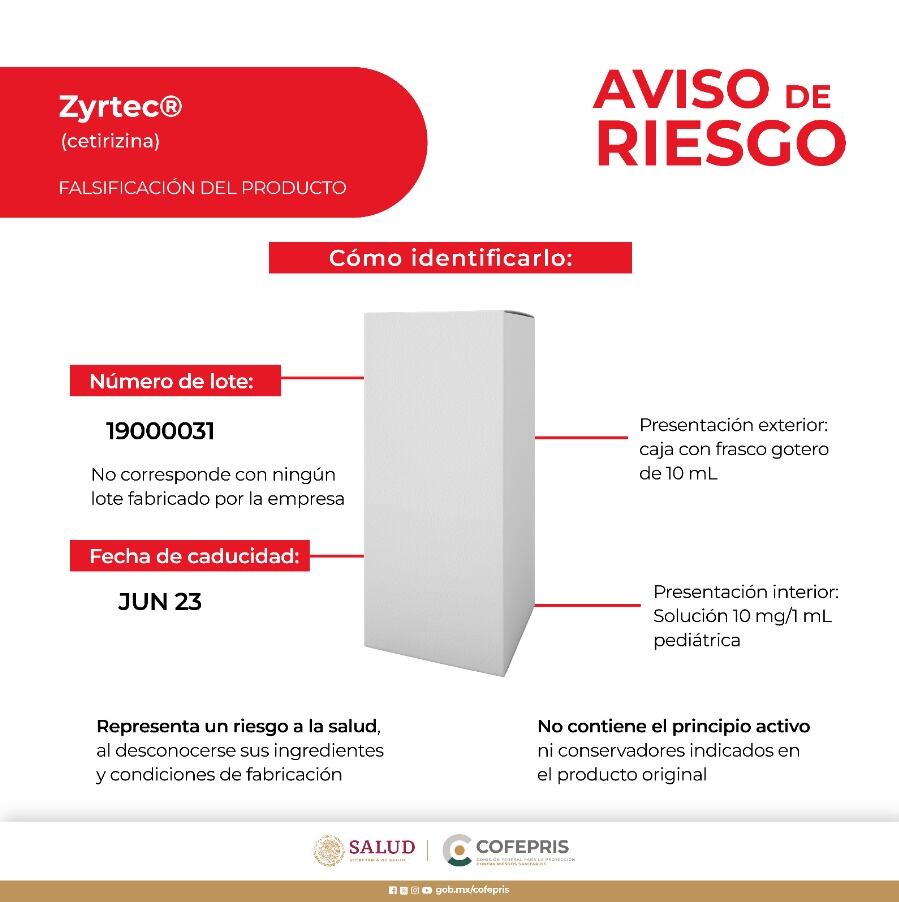 Cofepris lanza alerta por falsificación del antihistamínico Zyrtec pediátrico. Foto: Cofepris