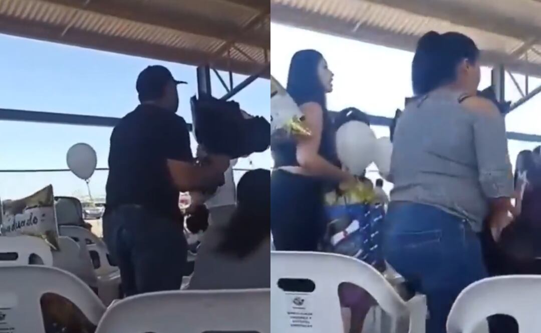 Personas intentan protegerse tras escuchar balazos cerca de una secundaria en Comondú, Baja California Sur (15/07/2025). Foto: Captura de video