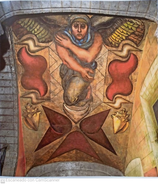 La alegoría de los cinco elementos, pintado por Siqueiros en el cubo de la escalera del Colegio o Patio Chico del Antiguo Colegio de San Ildefonso, Foto: Ricardo Alvarado Tapia / archivo fotográfico Manuel Toussaint, Instituto de Investigaciones Estéticas, UNAM