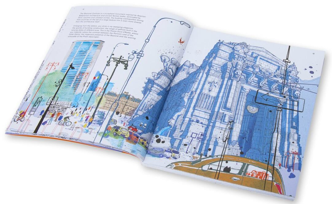 Dibujos y textos que animan a los lectores a habitar los espacios entre famosos edificios y monumentos. (Foto: Cortesía Moleskine)