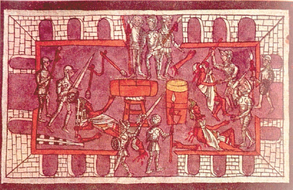 La matanza del Templo Mayor en Códice Durán. Para el historiador Federico Navarrete, la guerra formal empieza a partir de este evento en 1519. Foto: IMÁGENES ESPECIALES