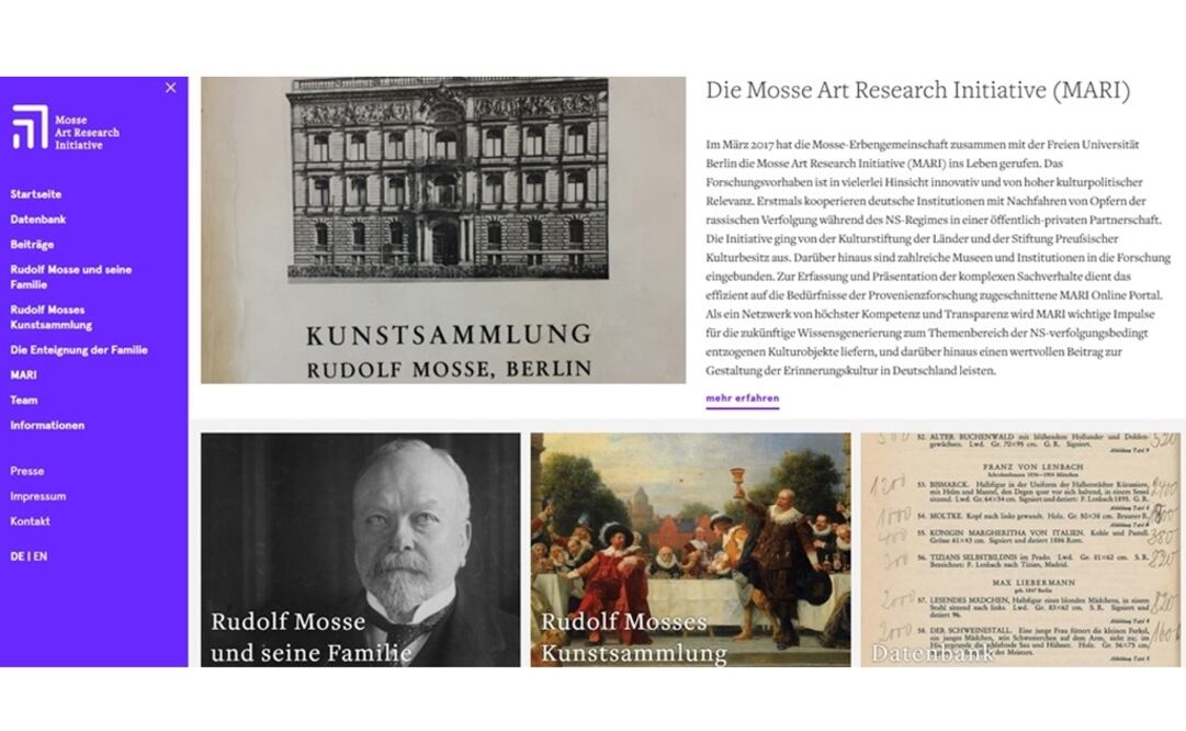 El portal de la iniciativa MARI tiene como fin la localización y restitución de arte perdido. Foto: Captura mari-portal.de