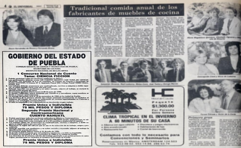Plana del 22 de enero de 1984 donde se observa la convocatoria del primer Concurso Nacional de Cuento de Ciencia Ficción, promovido por el gobierno de Puebla y el CECYTP. Foto: Hemeroteca EL UNIVERSAL.