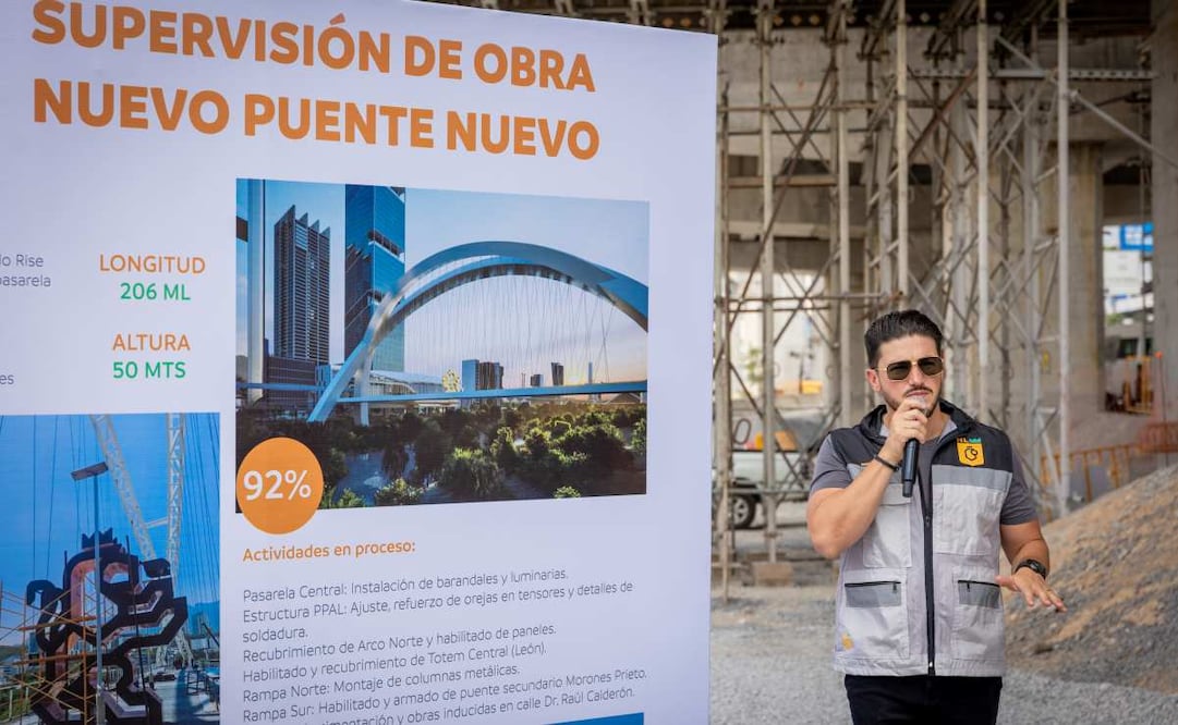Samuel García supervisa obras del Puente La Virgen y el Puente Nuevo en Monterrey, NL. Foto: Especial