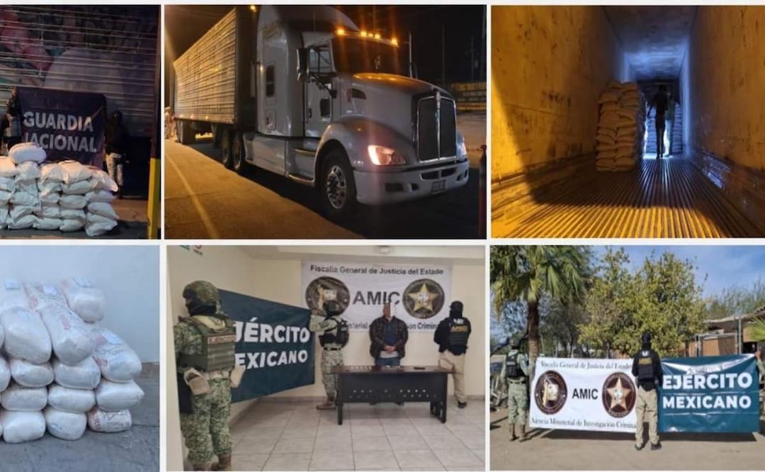 En distintas acciones efectuadas en distintos puntos de Sonora, fueron aseguradas más de una tonelada de metanfetamina, armas de uso militar y varios vehículos (04/02/2025). Foto: Mesa Estatal de Seguridad