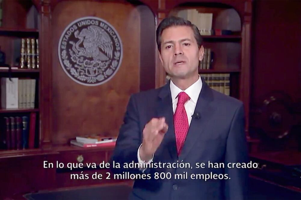 El presidente Enrique Peña Nieto destaca que se han creado 2.7 millones de empleos en cuatro años de su gobierno y espera que la cifra llegue a 3 millones. (TOMADA DE VIDEO)