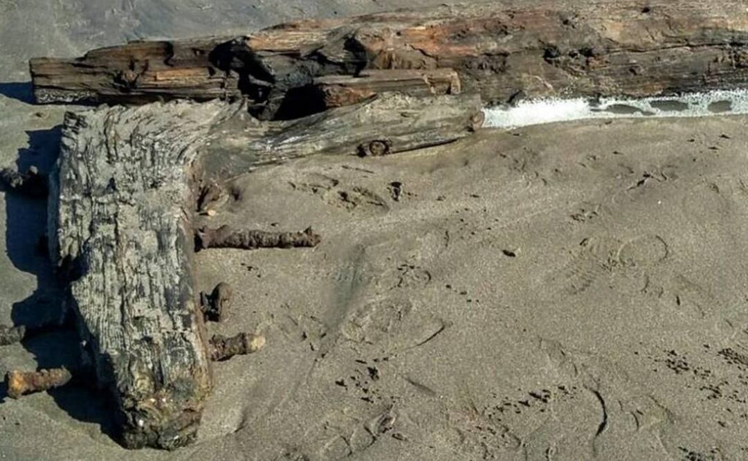 Los gruesos maderos, corroídos por la fuerza del mar y del tiempo, fueron hallados en la playa de El Cóndor. (FOTOS tomadas de Twitter: @pedropesatti)