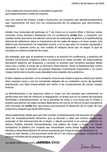 Cyberbullying tira conferencia sobre la mujer de Irina Baeva