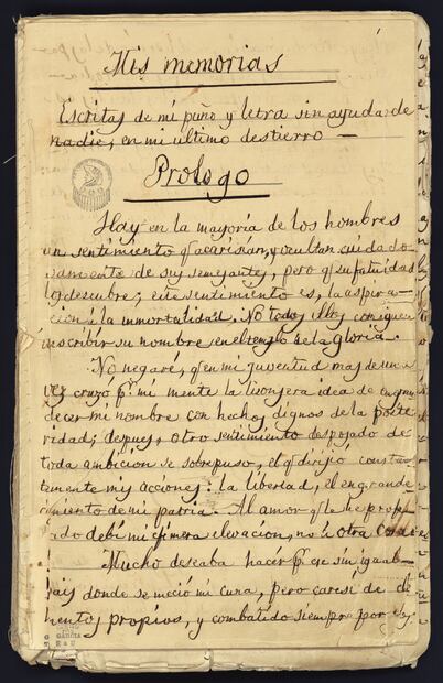 “Mis memorias: escritas de mi puño y letra sin ayuda de nadie, en mi último destierro”, escribió el presidente Antonio López de Santa Anna en sus memorias. Foto: Benson Latin American Collection