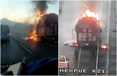 Camioneta de carga termina en llamas sobre la México-Puebla: VIDEO