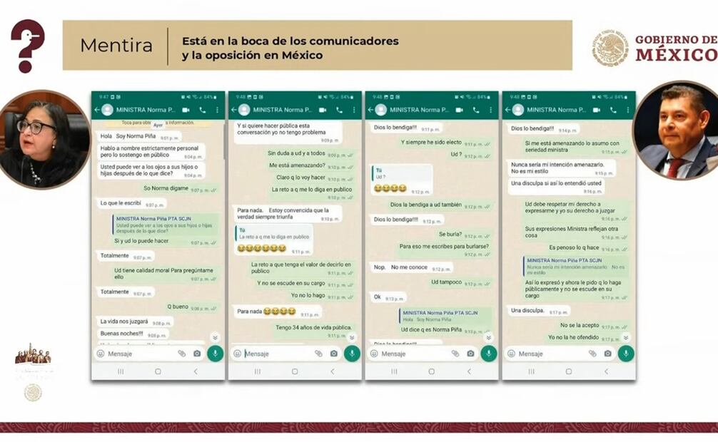 Muestran en la mañanera la conversación de la ministra Piña con el senador Alejandro Armenta. Foto: Captura de pantalla.
