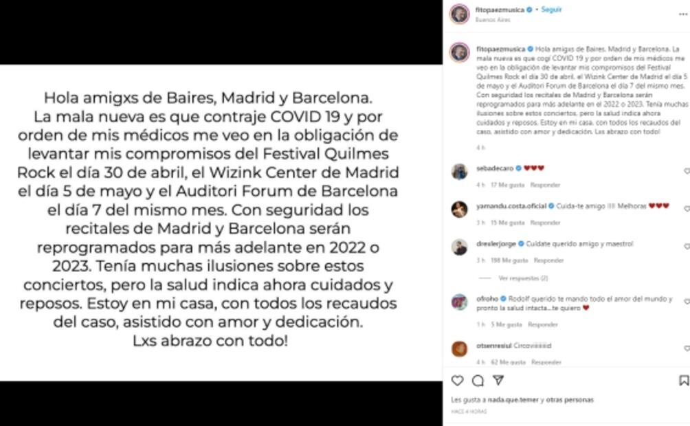 El cantautor argentino Fito Páez da positivo al Covid-19 y cancela conciertos en Argentina y España