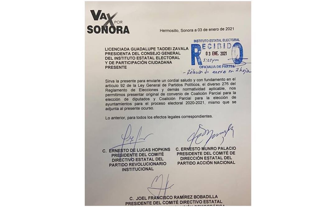 Registran PRI-PAN-PRD alianza "Va Por Sonora"