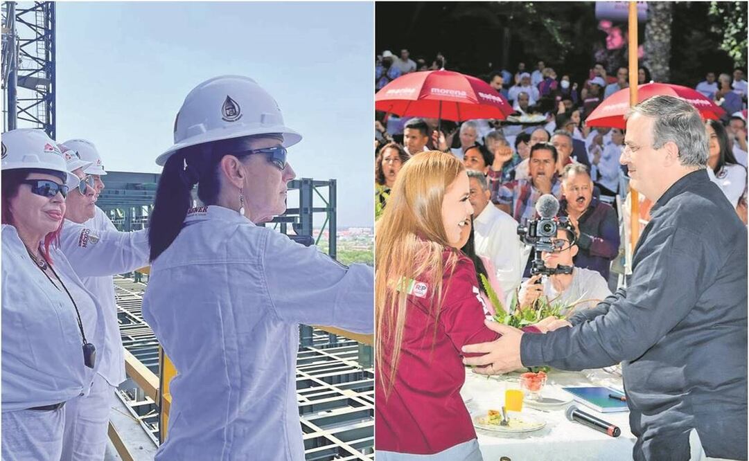 La jefa de Gobierno, Claudia Sheinbaum, junto a otros mandatarios, en Dos Bocas; en el otro extremo, el canciller Marcelo Ebrard y la candidata Marina Vitela. Foto: Especial