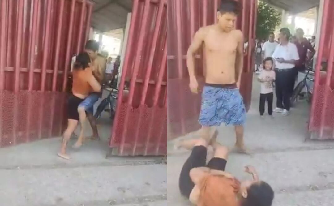 Las imágenes muestran cómo el hombre saca de la preparatoria en Tabasco a la mujer y, posteriormente, la golpea en repetidas ocasiones hasta tirarla al piso (03/04/2025). Foto: Captura de video