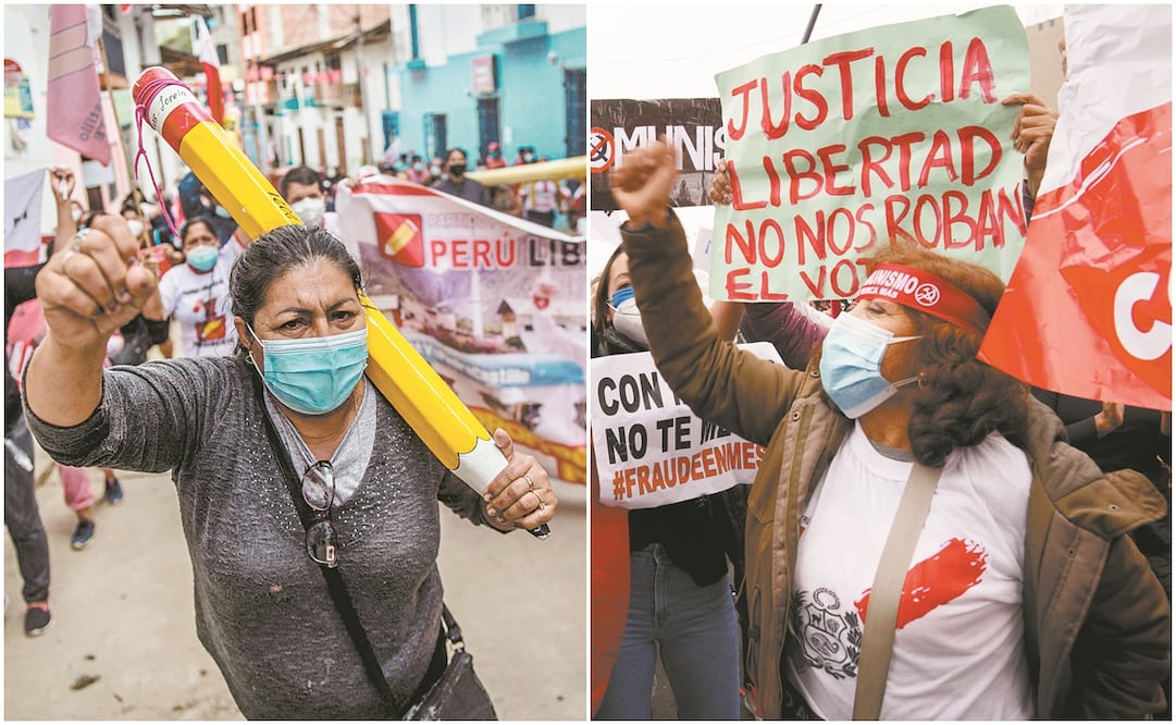 Una simpatizante del candidato de Perú Libre, Pedro Castillo, durante una manifestación en Tacabamba, Cajamarca; y del lado derecho, una seguidora de la aspirante Keiko Fujimori protesta contra un supuesto fraude electoral, en Lima. Foto: MARTIN MEJIA. AP
