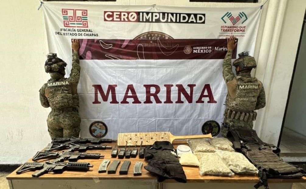 Decomisan armas, equipo táctico y presunta droga en Chiapas (11/04/2026). Foto: Especial